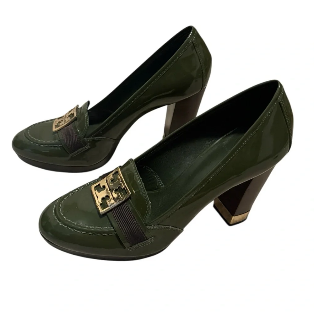 Tory Burch Olive Green Patent Leather Heeled Loafer Size 9.5 - Picture 3 of 9